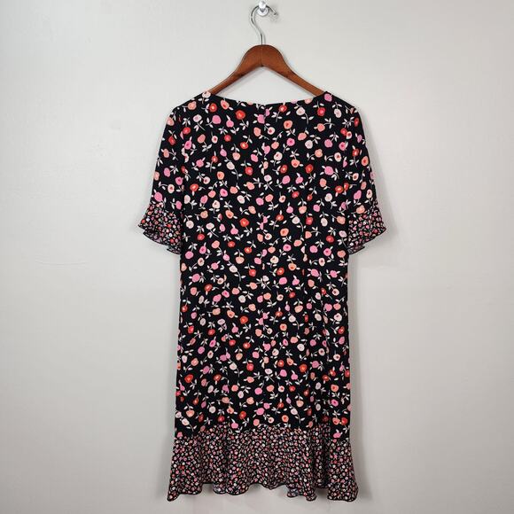 TALBOTS | Floral Shift Dress Size 12 Black Red Pink Midi Flounce Ruffle Modest - Picture 2 of 9